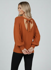 Solid Color Drop Shoulder Knit Sweater with Bow Detail
