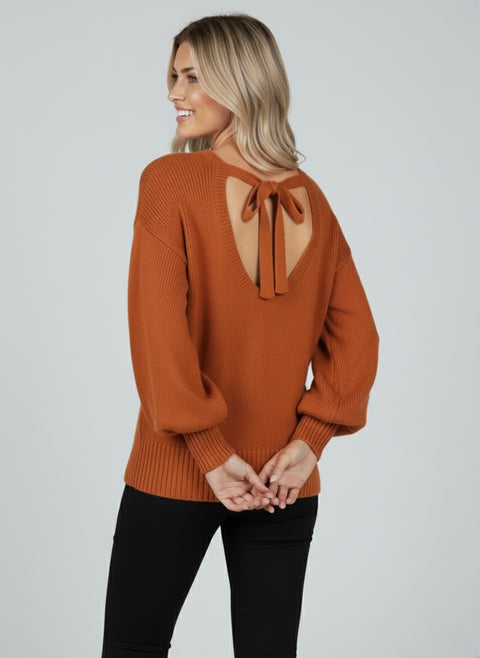 Solid Color Drop Shoulder Knit Sweater with Bow Detail