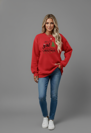 Model wearing a red Letter Graphic Round Neck Sweatshirt with Christmas design and relaxed fit.