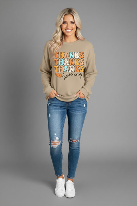 THANKSGIVING Round Neck Dropped Shoulder Sweatshirt worn with jeans, featuring a stylish design for the festive season.