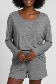 Zenana Soft Melange Long Sleeve Tee & Shorts Set