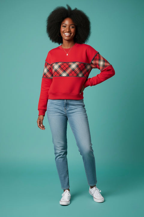 BiBi Christmas Theme Plaid Block Sweatshirt with Binding – Festive Holiday Style