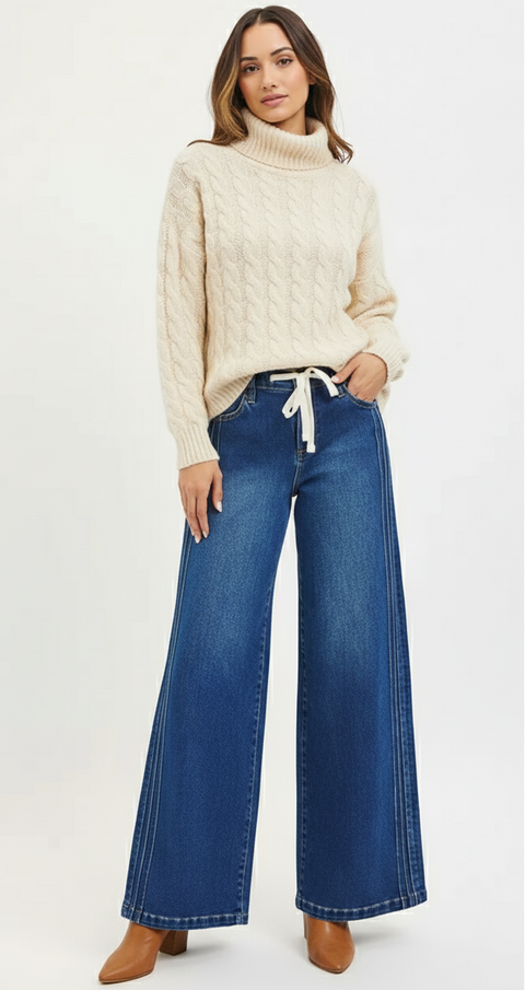 RISEN Plus Size Mid Rise Wide Leg Pintuck Jeans with Drawstring Front