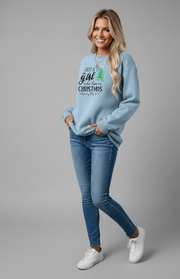 Woman wearing Letter Graphic Round Neck Sweatshirt in blue with festive design for Christmas