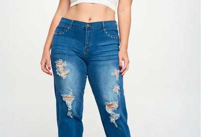 Studded and Distressed Mid Rise Jeans