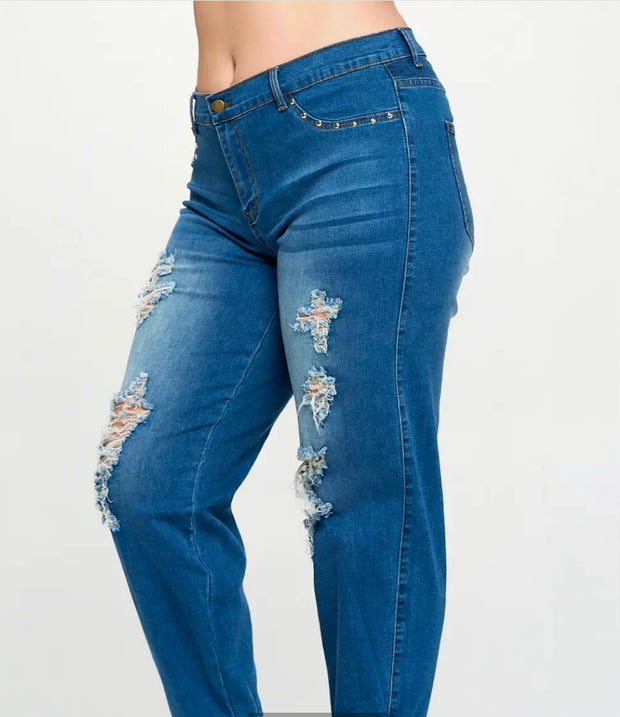 Studded and Distressed Mid Rise Jeans