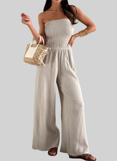 Smocked Strapless Wide-Leg Jumpsuit – Effortless Chic