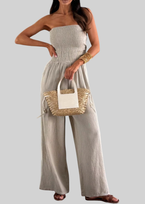 Smocked Strapless Wide-Leg Jumpsuit – Effortless Chic