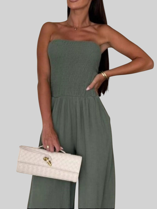 Smocked Strapless Wide-Leg Jumpsuit – Effortless Chic