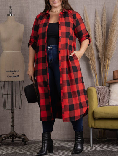 Red Palid 3/4 Sleeves Plus Size CARDIGAN