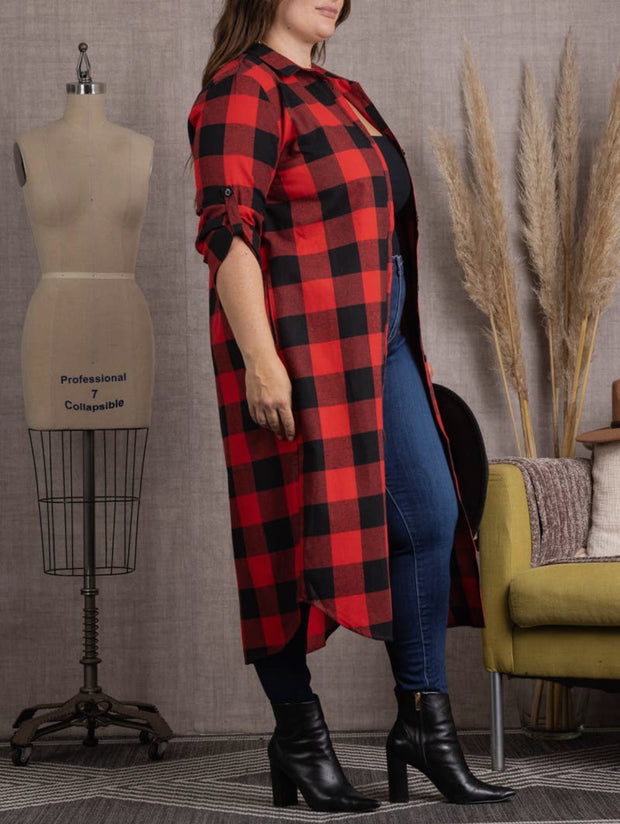 Red Palid 3/4 Sleeves Plus Size CARDIGAN