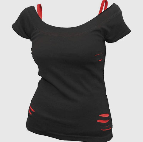 Urban Fashion - 2in1 Red Ripped Top Black