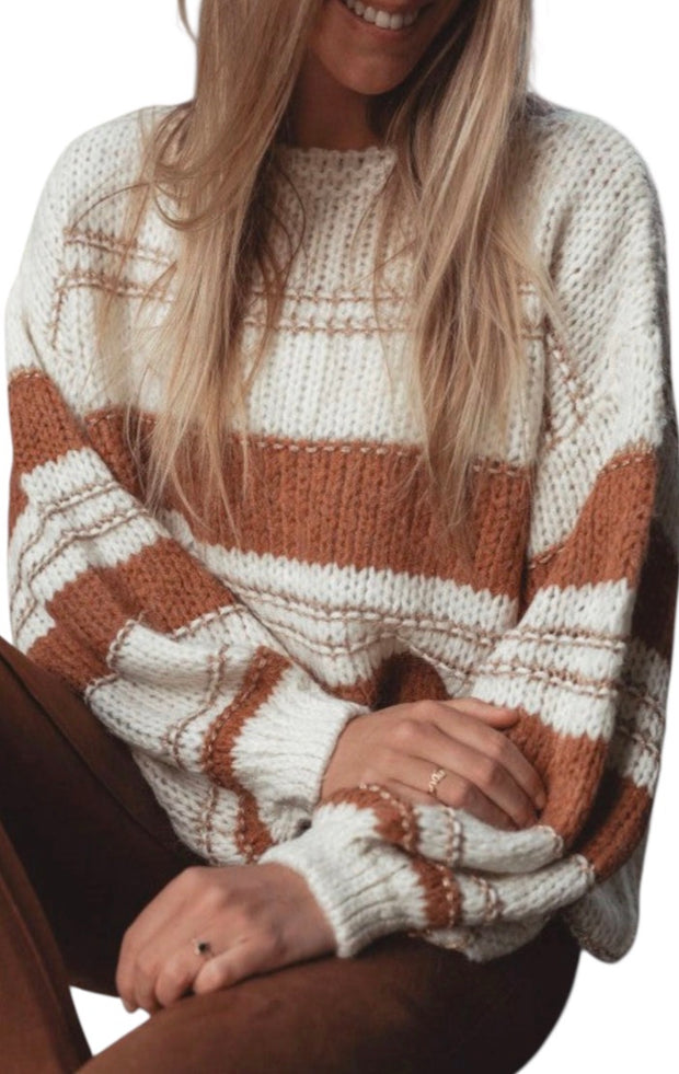 Maggie Striped Knit Oversized Sweater with Puff Sleeves, showcasing a striped design and relaxed fit, perfect for casual wear.