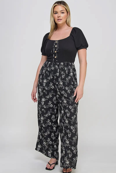 Plus Size Smocked Floral Print Jumpsuit