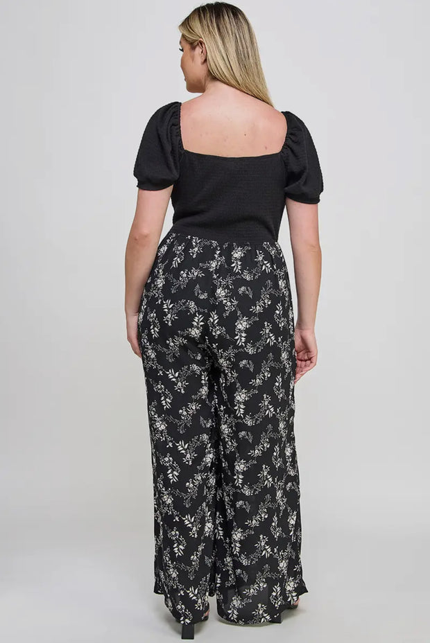 Plus Size Smocked Floral Print Jumpsuit