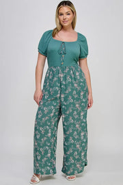 Plus Size Smocked Floral Print Jumpsuit
