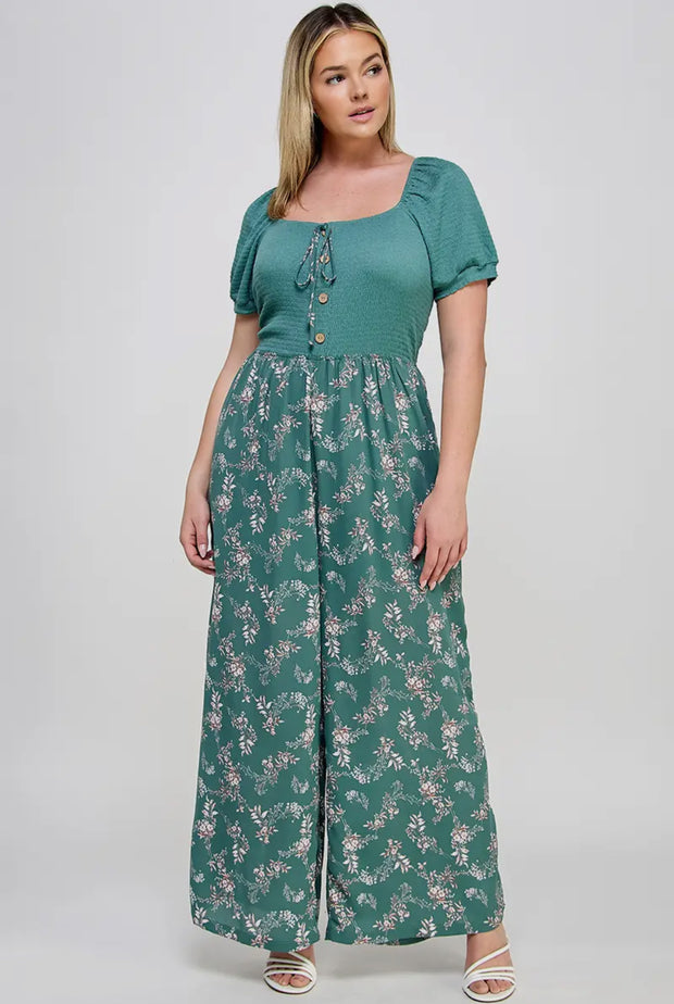 Plus Size Smocked Floral Print Jumpsuit