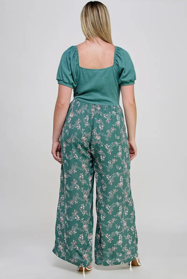 Plus Size Smocked Floral Print Jumpsuit