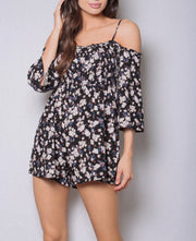 Women's Floral Print Cold Shoulder 3/4 Sleeves Romper