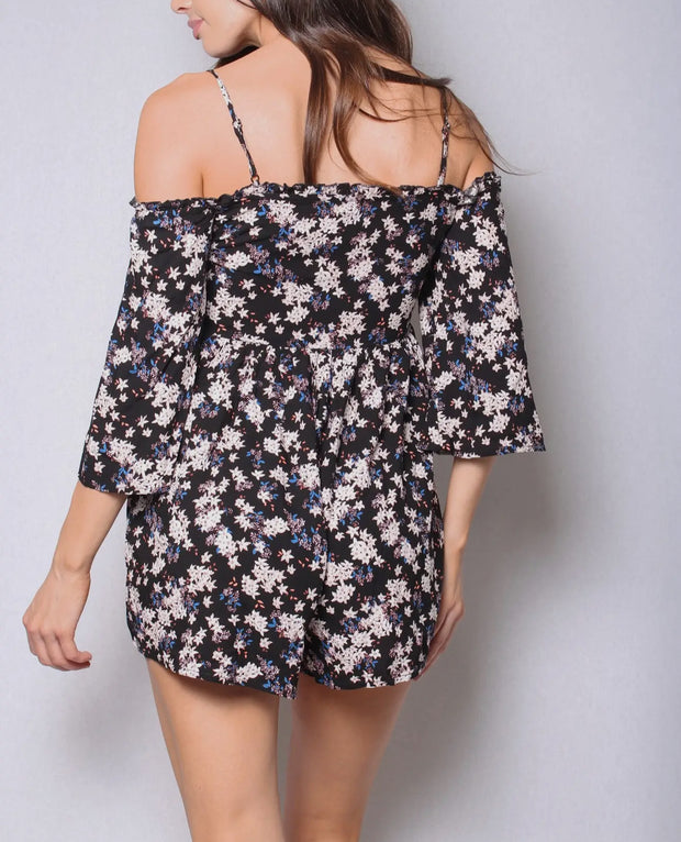 Women's Floral Print Cold Shoulder 3/4 Sleeves Romper