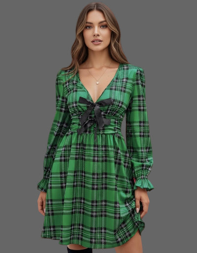 Plaid Holiday Mini Dress, with variations in poses showing the front, side, and full-body views