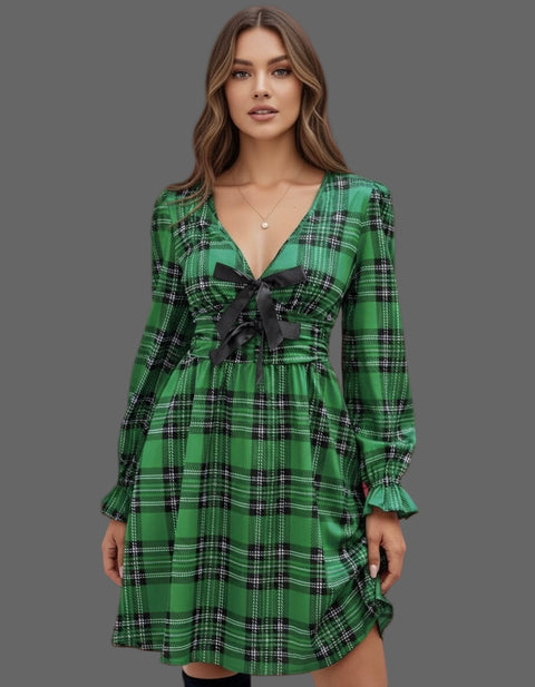 Plaid Holiday Mini Dress, with variations in poses showing the front, side, and full-body views