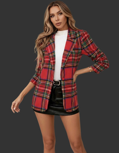 Plaid Single-Button Blazer worn with a white tee and mini skirt, showcasing effortless winter style and sophistication.