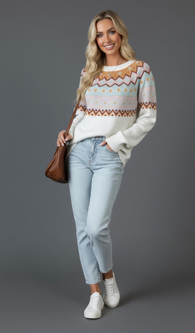 A model wearing a Cozy Geometric Knit Round Neck Sweater, paired with light blue jeans and white sneakers, posing with a brown handbag.