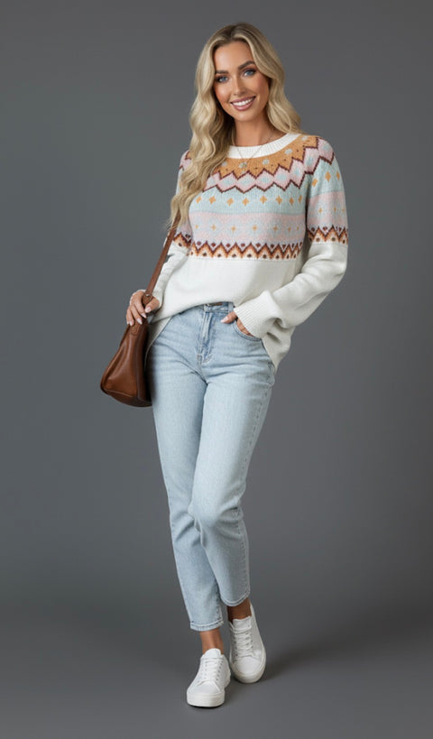 A model wearing a Cozy Geometric Knit Round Neck Sweater, paired with light blue jeans and white sneakers, posing with a brown handbag.