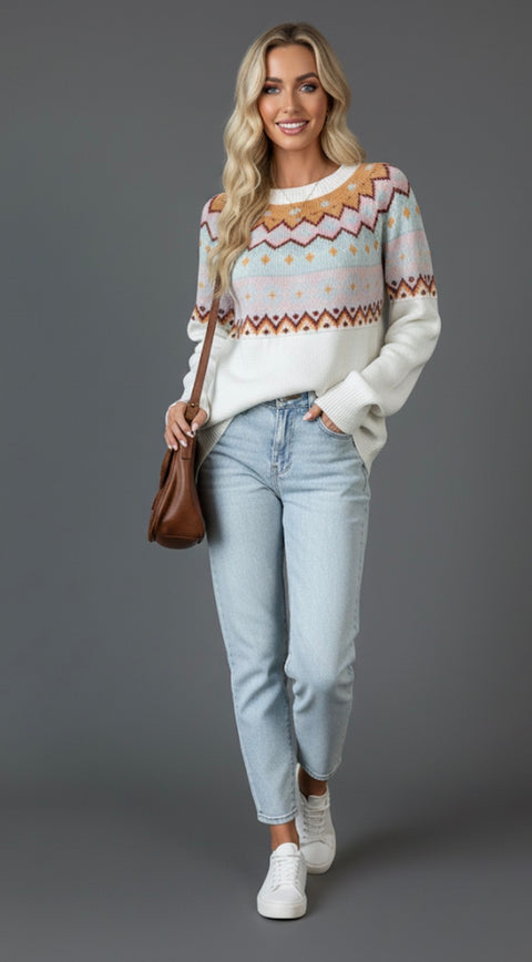 A model wearing a Cozy Geometric Knit Round Neck Sweater, paired with light blue jeans and white sneakers, posing with a brown handbag.