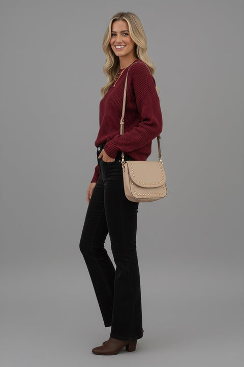 Model wearing Full Size Hight Waist Bootcut Pants Plus Size with a burgundy sweater and handbag.