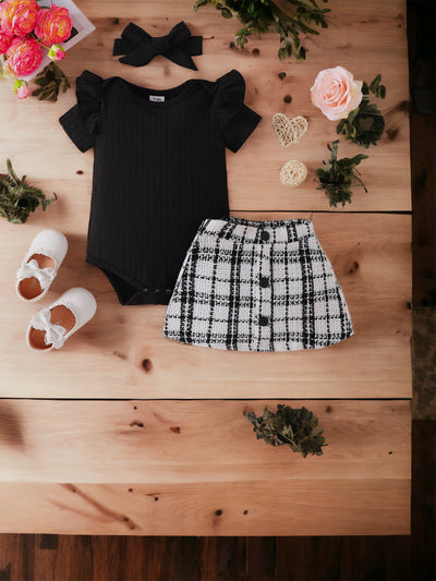 3pcs Baby Girl Black Romper Tweed Skirt & Headband Set