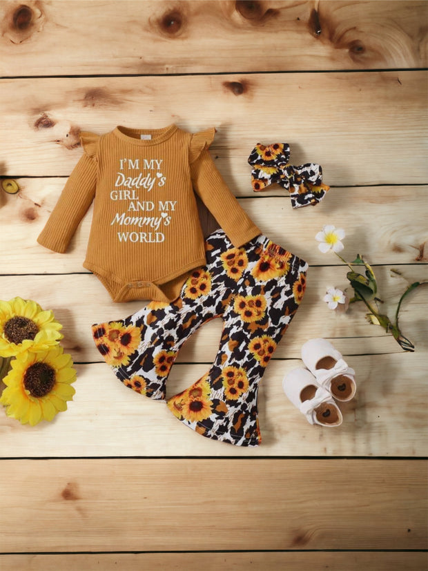 3pcs Baby Sunflower Romper Floral Print Bottom Pants Set