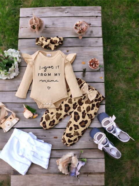 3pcs Baby Embroidered Romper and Leopard Pants Set