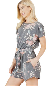 Floral Romper with Waist Belt and Keyhole Back