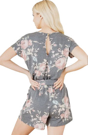 Floral Romper with Waist Belt and Keyhole Back