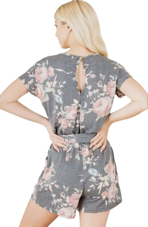 Floral Romper with Waist Belt and Keyhole Back