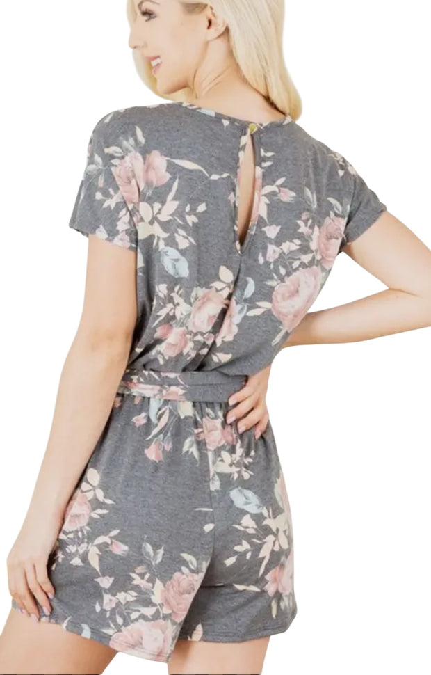 Floral Romper with Waist Belt and Keyhole Back