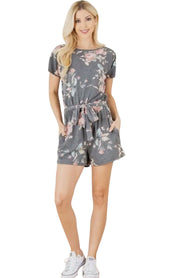 Floral Romper with Waist Belt and Keyhole Back