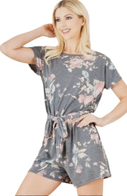 Floral Romper with Waist Belt and Keyhole Back