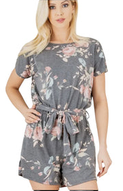 Floral Romper with Waist Belt and Keyhole Back