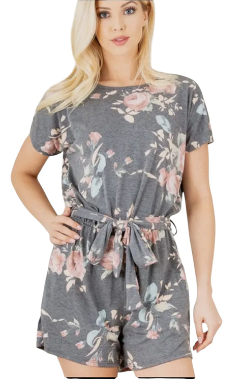 Floral Romper with Waist Belt and Keyhole Back