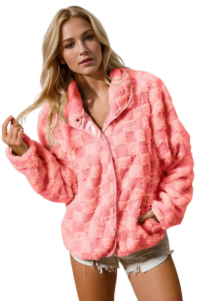 Checkered Cozy Fuzzy Pocket Jacket