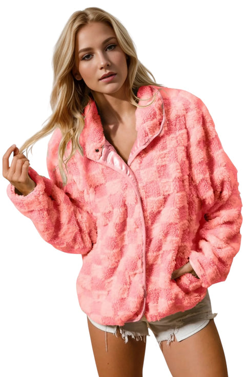Checkered Cozy Fuzzy Pocket Jacket