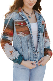 Multicolor Aztec Print Frayed Hem Denim Jacket