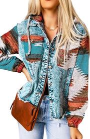 Multicolor Aztec Print Frayed Hem Denim Jacket