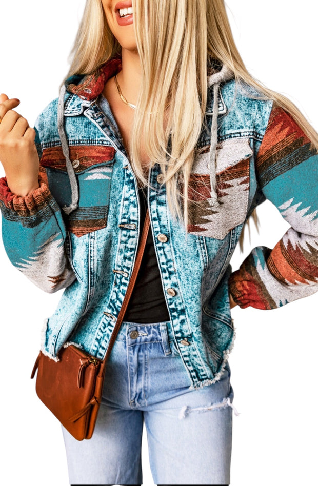 Multicolor Aztec Print Frayed Hem Denim Jacket