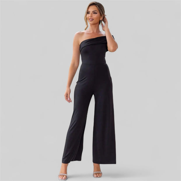 Ruched One-Shoulder Evening Jumpsuit
