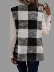 Plaid Sherpa Vest Coat showing a cozy back view with black and white plaid pattern, perfect for layering.