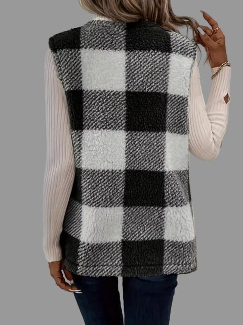 Plaid Sherpa Vest Coat showing a cozy back view with black and white plaid pattern, perfect for layering.